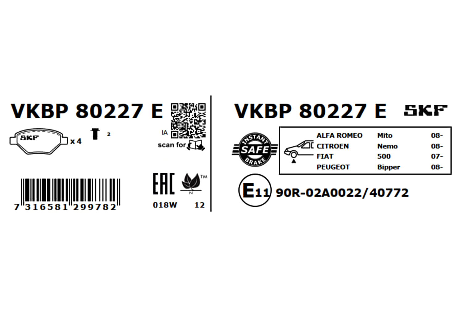 Комплект тормозных колодок, дисковый тормоз - VKBP 80227 E SKF